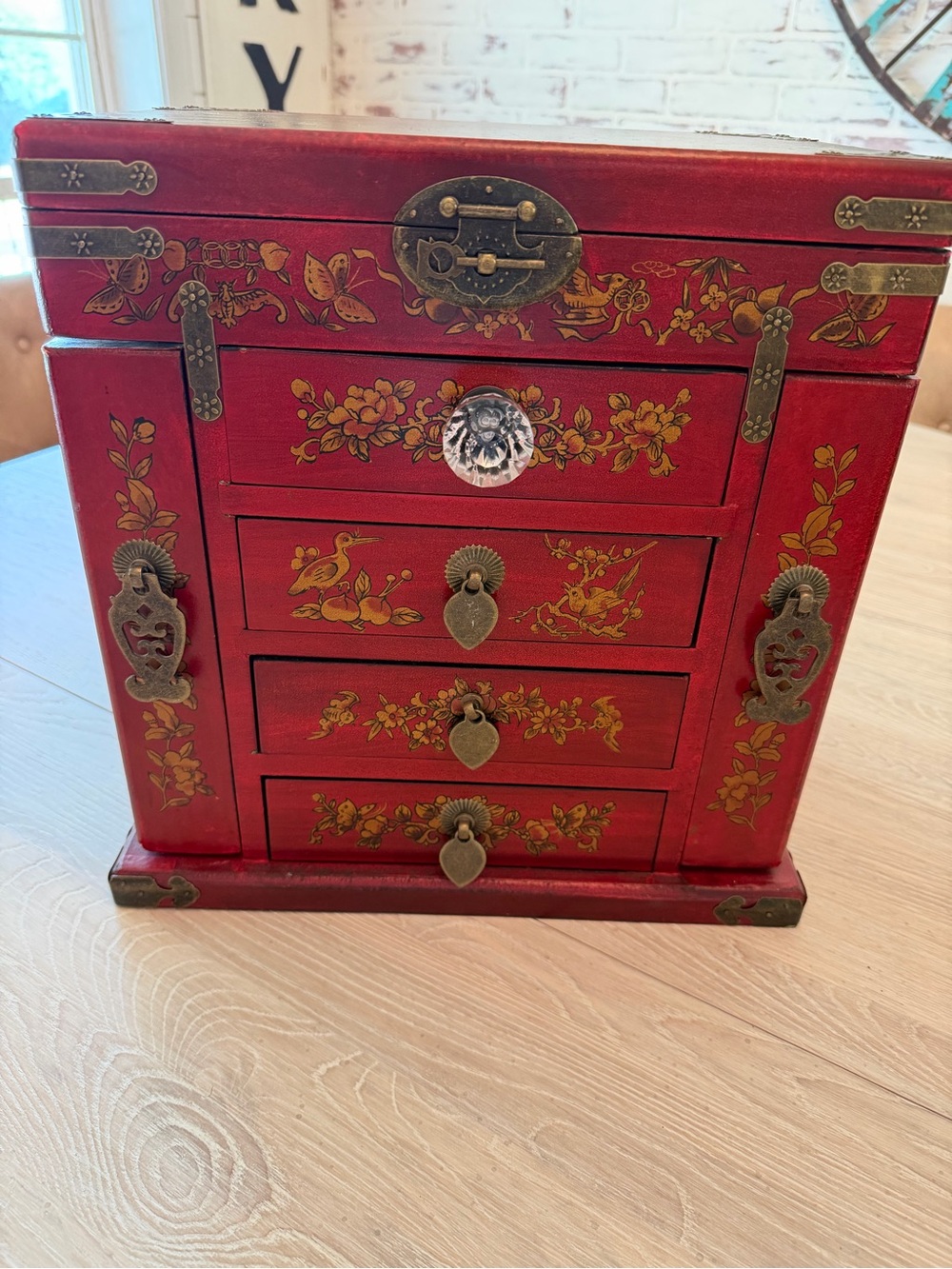 Red Asian-Style Jewelry Chest with Gold Floral Accents